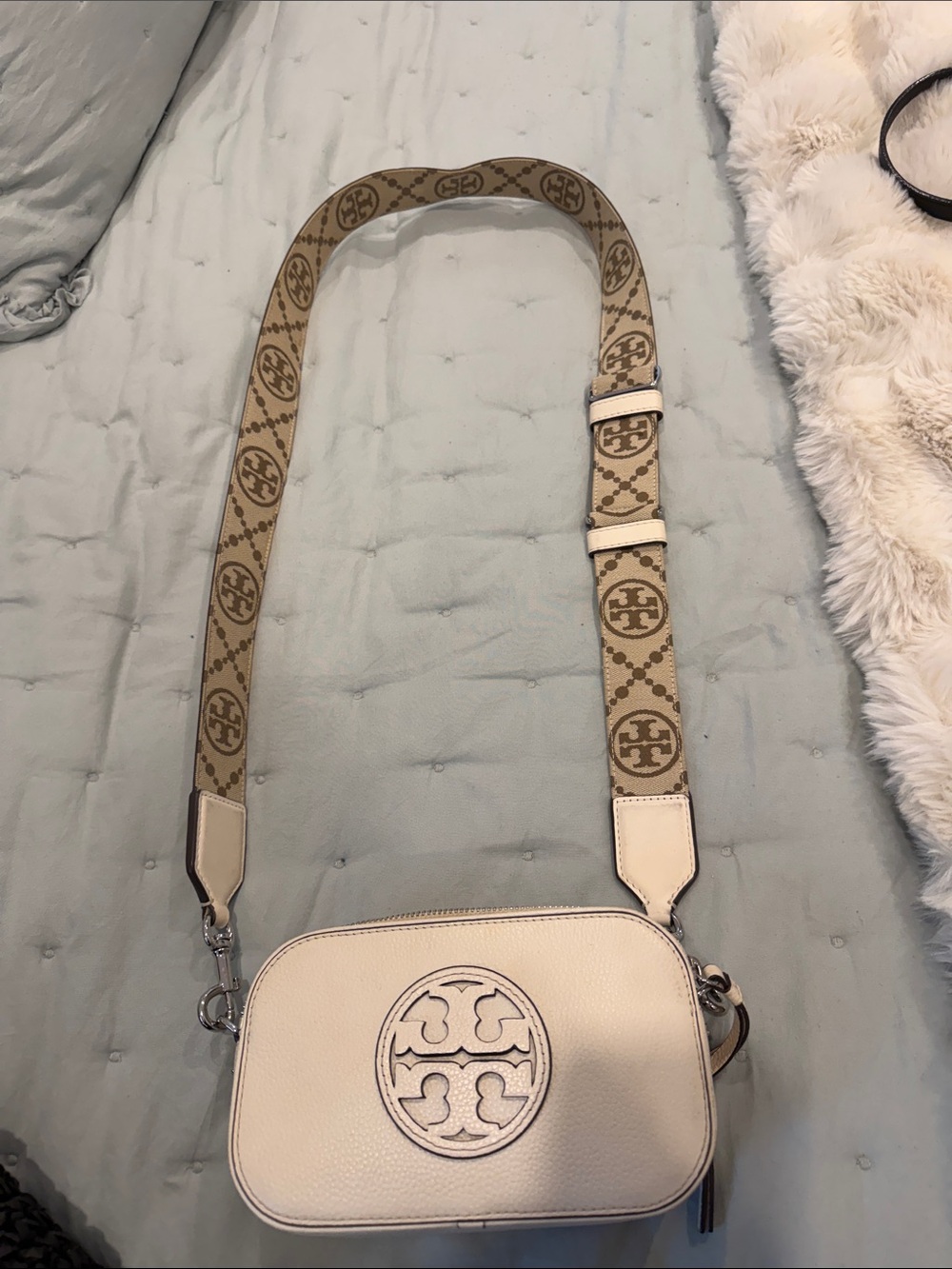 Tory Burch Cream Leather Crossbody with Logo Canvas Strap (Beige Accents)